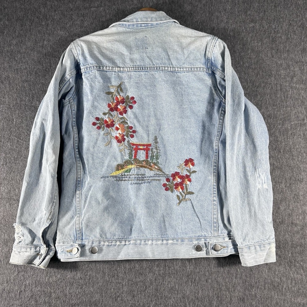 Distressed Denim Jacket Women's Size S Embroidered Asian Floral City Boho Laju